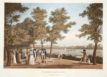 St. Stephen&39;s Green, Dublin, 1796 (gravura colorida à mão)